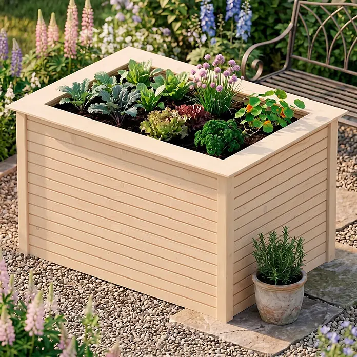 Weka Hochbeet 669 - 91 x 131 x 81 cm, Holz, Natur - Hochbeet aus hellem Holz, bepflanzt, in einem Garten.