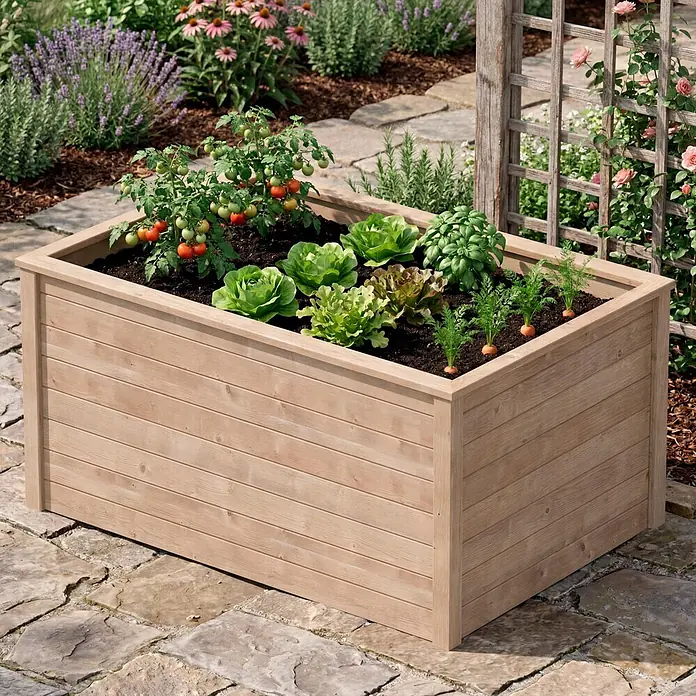 T & J Hochbeet Veijle - 85 x 125 x 80 cm, Holz, Hellbraun - Helles Hochbeet aus Holz mit verschiedenen Gemüsesorten (Tomaten, Salat, Basilikum, Karotten) auf einer Steinterrasse.