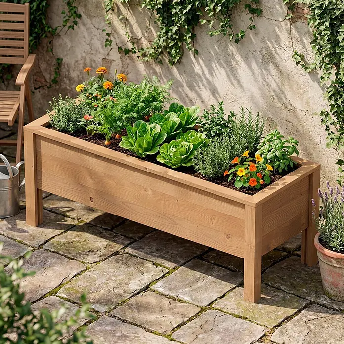 T & J Hochbeet Jens - 72 x 192 x 72 cm, Holz, Braun - Holz-Hochbeet bepflanzt mit Kräutern und Gemüse auf Steinterrasse vor Efeuwand.