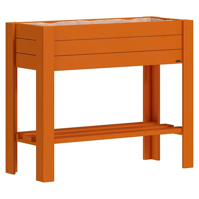 Wagner System GreenFamily Hochbeet GreenBOX light - 83 x 34,5 x 70 cm, Holz, Dunkelbraun - Oranges Hochbeet aus Holz mit drei Seitenlatten und einer unteren Ablagefläche.
