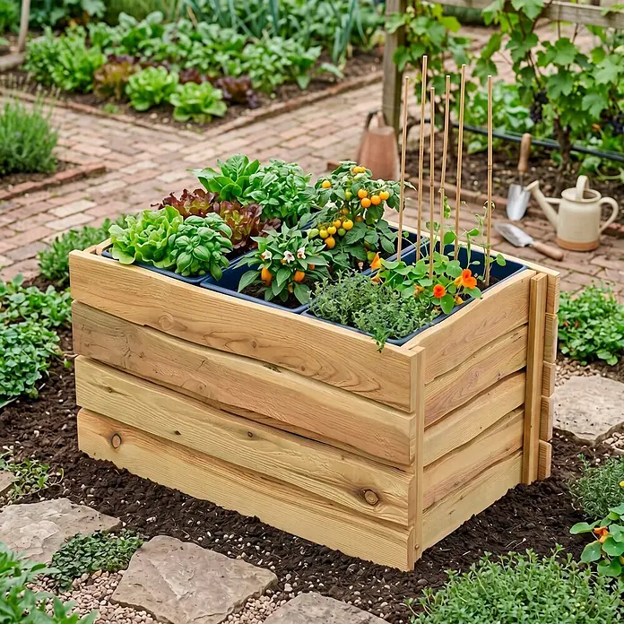 T & J Hochbeet Herlev - 108 x 64 x 80 cm, Holz, Beige - Hölzernes Hochbeet im Garten, bepflanzt mit frischem Salat, Kräutern und kleinen Fruchtpflanzen wie Tomaten und Paprika.