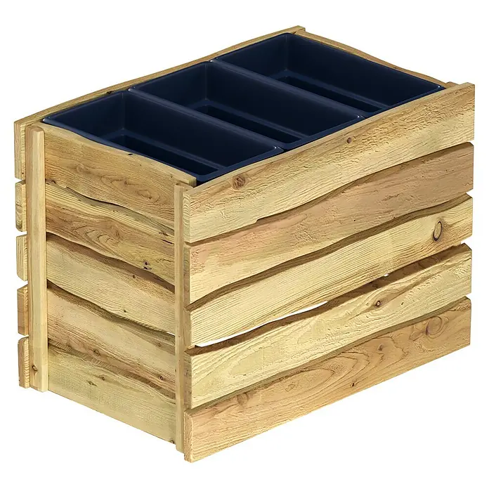 T & J Hochbeet Herlev - 108 x 64 x 80 cm, Holz, Beige - Rechteckiger Holz-Pflanzkasten mit drei dunkelblauen Kunststoffeinsätzen für Pflanzen.