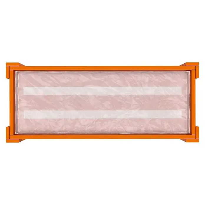 Wagner System GreenFamily Hochbeet GreenBOX light - 83 x 34,5 x 70 cm, Holz, Dunkelbraun - Orange umrahmtes, durchscheinendes Fensterrollo mit zwei weißen Horizontalstreifen.