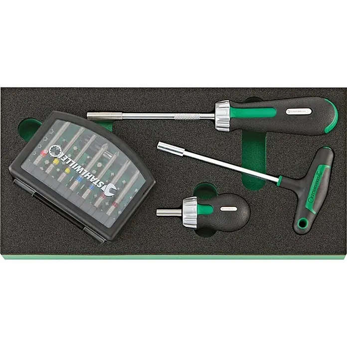 Stahlwille Werkzeugkoffer TCS 821/6 - 157 -tlg. - STAHLWILLE Schraubendreher-Bitsatz mit drei Ratschengriffen (lang, T-Griff, kurz) und Bit-Kassette, ordentlich in Schaumstoffeinlage.