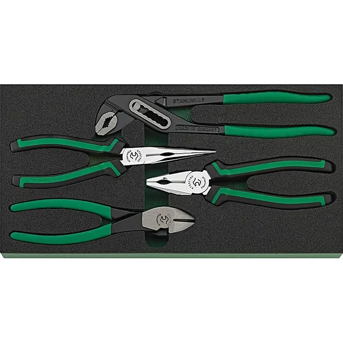 Stahlwille Werkzeugkoffer TCS 821/6 - 157 -tlg. - Set aus 4 STAHLWILLE Zangen: Wasserpumpen-, Spitz-, Kombi- und Seitenschneider mit schwarz-grünen Griffen in Schaumstoffeinlage.