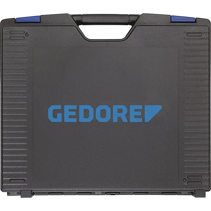 Gedore-Red Werkzeugkoffer GEDORE TOURING 1000 - 49 -tlg. - Schwarzer GEDORE Werkzeugkoffer aus Kunststoff mit blauem Logo und Verschlüssen, oben mit Griff.