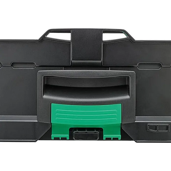 Stahlwille Werkzeugkoffer STW L‑BOXX - 111 -tlg. - Schwarzer modularer Aufbewahrungskoffer mit grünem Zentralverschluss.
