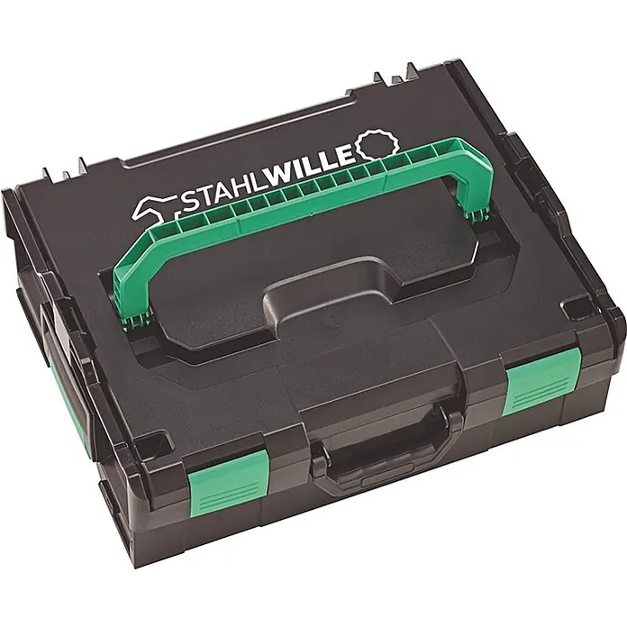 Stahlwille Werkzeugkoffer STW L‑BOXX - 111 -tlg. - Schwarze modulare Kunststoff-Werkzeugbox mit grünem Klappgriff und grünen Seitenverschlüssen.