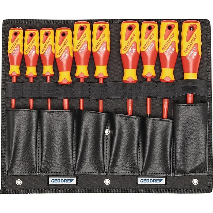 Gedore-Red Werkzeugkoffer L-BOXX® für Elektriker - L x B x H: 450 x 380 x 195 mm, 53 -tlg. - Set von 10 roten und gelben isolierten Gedore Schraubendrehern (1000V) in einer schwarzen Rolltasche für Elektroarbeiten.