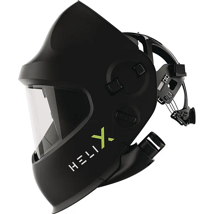 Optrel Schweißhelm Helix Pure Air Quattro -  - Schwarzer Schweißhelm mit klarem Visier und integriertem Atemschutzanschluss. Mit 'HELIX X' Branding.