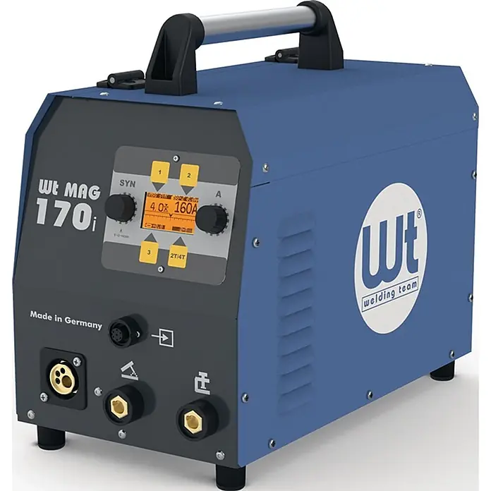 Welding Team MIG/MAG-Schweißgerät WT-MAG 170i – tragbar - Schweißstrom: 170 A, 230 V - Blaue und dunkelgraue WT MAG 170i Schweißmaschine mit Digitalanzeige und Griff.
