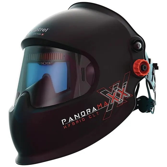 Optrel Schweißhelm Panoramaxx Hybrid CLT -  - Schwarzer Optrel Schweißhelm mit blau getöntem Visier und orangem Einstellknopf, mit 'PanoramaXX Hybrid CLT' Branding.