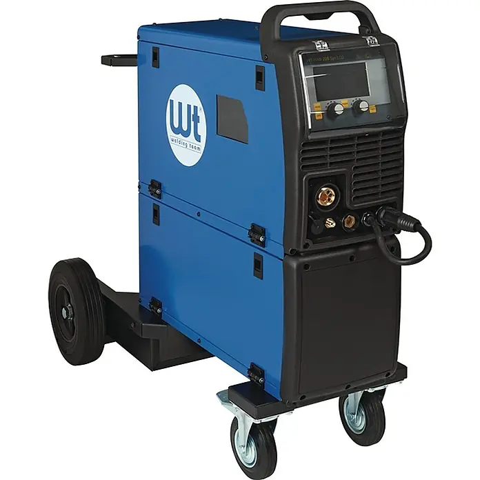 Welding Team MIG/MAG-Schweißgerät WT-MAG 205 Syn LCD - Schweißstrom: 200 A, 400 V - Blaue WT Schweißmaschine auf schwarzem Rollwagen für Mobilität.