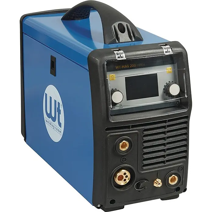 Welding Team MIG/MAG-Schweißgerät WT-MAG 200 mobil - Schweißstrom: 200 A, 230 V - Blauer und schwarzer WT-MAG 200 mobil Schweißinverter mit Griff, Digitalanzeige, Bedienknöpfen und Anschlüssen.