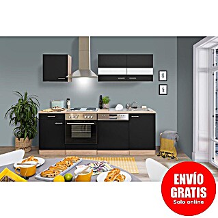 Respekta Cocina compacta Merle (Ancho: 220 cm, Negro, Horno, campana extractora, placa vitrocerámica y lavavajillas, Con electrodomésticos, Volumen horno: 60 l)