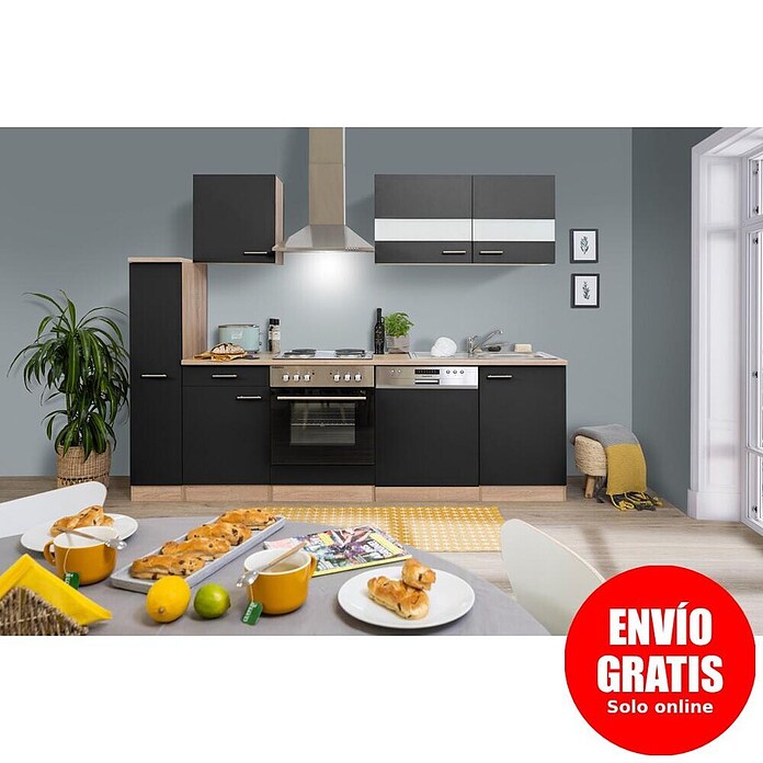 Respekta Composición de cocina (Ancho: 250 cm, Con dispositivos eléctricos, Negro)