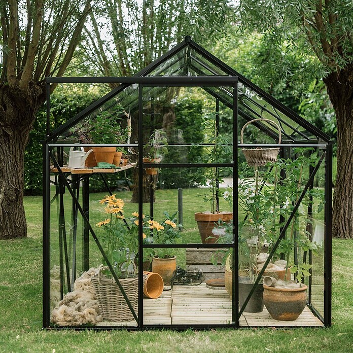 Kas Kate III Full Option pakket (Buitenmaat incl. dakoverstek (b x d): 192 x 314 cm, Materiaal zijwand: Glas, 3 mm, Zwart) | BAUHAUS
