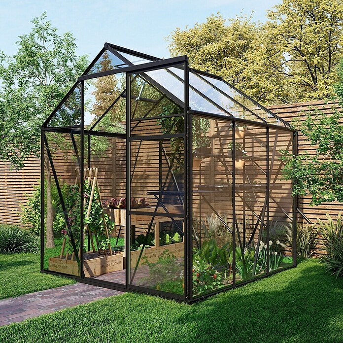 Kas Kate I Full Option pakket (Buitenmaat incl. dakoverstek (b x d): 192 x 192 cm, Materiaal zijwand: Glas, 3 mm, Zwart) | BAUHAUS