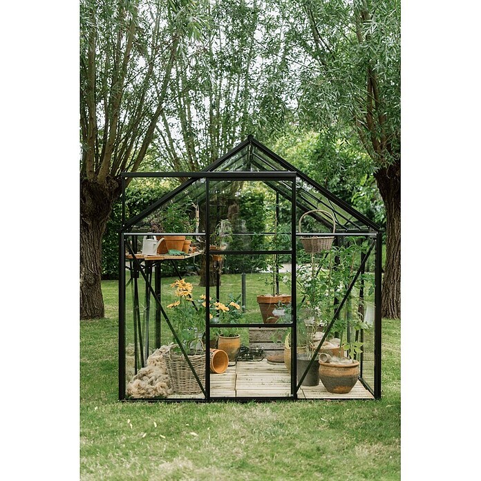 Kas Kate III Full Option pakket (Buitenmaat incl. dakoverstek (b x d): 192 x 314 cm, Materiaal zijwand: Glas, 3 mm, Zwart) | BAUHAUS