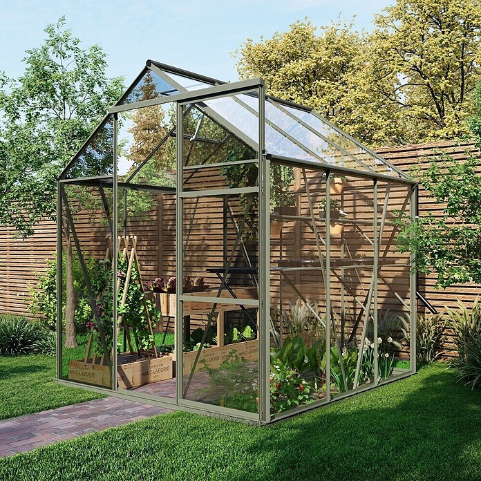 Kas Kate I Full Option pakket (Buitenmaat incl. dakoverstek (b x d): 192 x 192 cm, Materiaal zijwand: Glas, 3 mm, Groengrijs) | BAUHAUS
