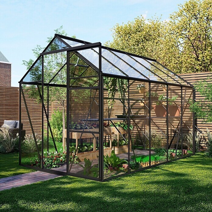 Kas Kate III Full Option pakket (Buitenmaat incl. dakoverstek (b x d): 192 x 314 cm, Materiaal zijwand: Glas, 3 mm, Zwart) | BAUHAUS