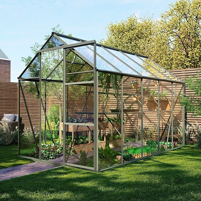 Kas Kate III Full Option pakket (Buitenmaat incl. dakoverstek (b x d): 192 x 314 cm, Materiaal zijwand: Glas, 3 mm, Groengrijs) | BAUHAUS