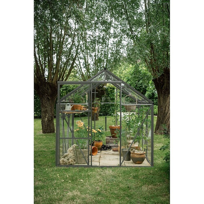 Kas Kate III Full Option pakket (Buitenmaat incl. dakoverstek (b x d): 192 x 314 cm, Materiaal zijwand: Glas, 3 mm, Groengrijs) | BAUHAUS