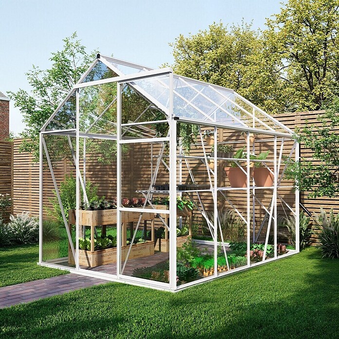 Kas Kate II Full Option pakket (Buitenmaat incl. dakoverstek (b x d): 192 x 253 cm, Materiaal zijwand: Glas, 3 mm, Wit) | BAUHAUS