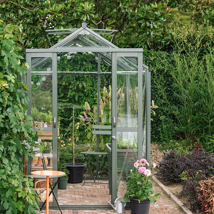 Kas Anne III Full Option pakket (Buitenmaat incl. dakoverstek (b x d): 149,8 x 289,9 cm, Materiaal zijwand: Glas, 3 mm, Groengrijs) | BAUHAUS