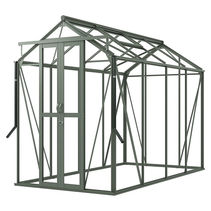 Kas Anne III Full Option pakket (Buitenmaat incl. dakoverstek (b x d): 149,8 x 289,9 cm, Materiaal zijwand: Glas, 3 mm, Groengrijs) | BAUHAUS