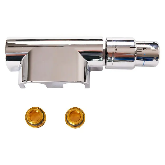 Szagato Mittelanschlussblock - ½″, Eck, Chrom - Thermostatventil mit glänzender Oberfläche und zwei goldenen Anschlüssen. Das Produkt ist für Heizungsanlagen konzipiert.