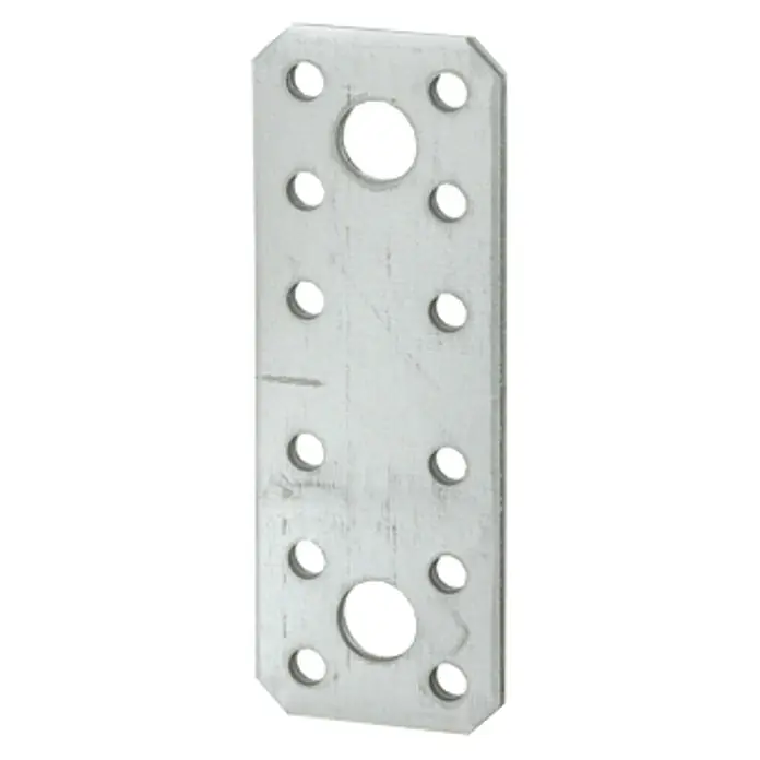 Vormann Chapa de unión - L x An: 116 x 45 mm, Acero, 2 agujeros - La imagen muestra una placa de conexión multi-agujero galvanizada, ideal para trabajos de madera y conexiones estructurales.