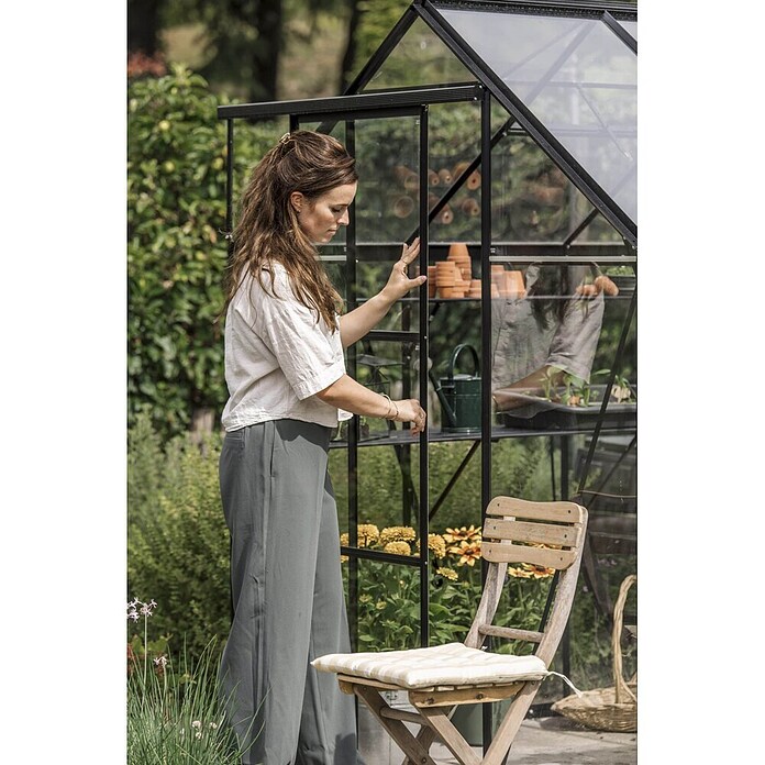 Kas Kate II Full Option pakket (Buitenmaat incl. dakoverstek (b x d): 192 x 253 cm, Materiaal zijwand: Glas, 3 mm, Zwart) | BAUHAUS