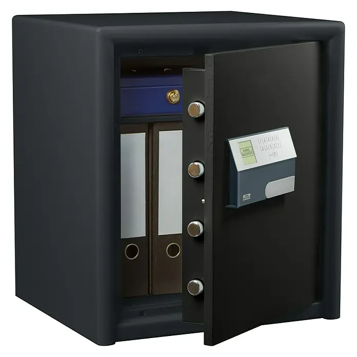 Burg-Wächter Möbeltresor Combi Line CL 440 E - Elektronisches Zahlenschloss, 445 x 495 x 560 mm, Schwarz - Abbildung eines offenen Tresors mit digitalen Bedienelementen und mehreren Ordnern, die im Tresor aufbewahrt werden.