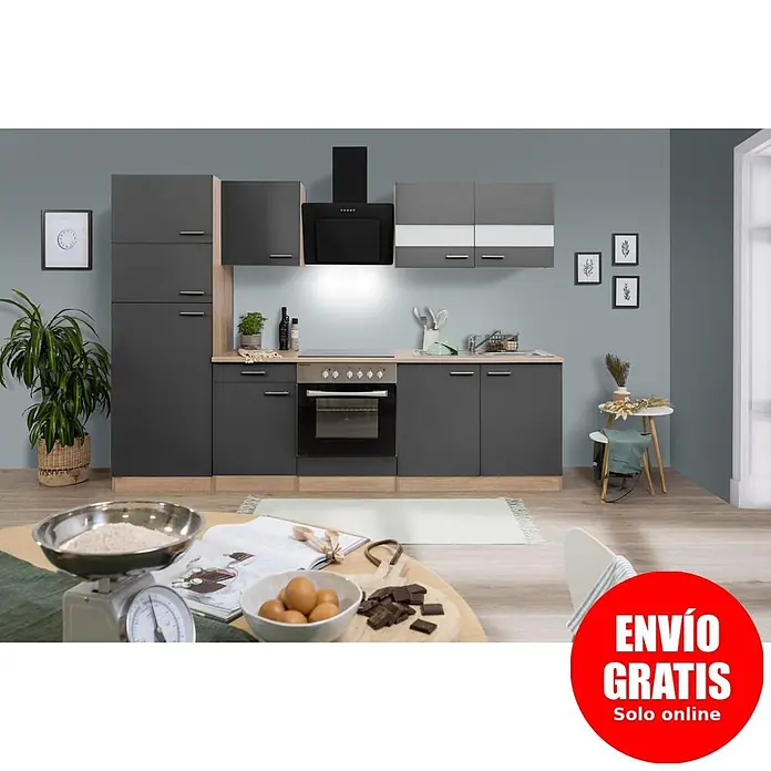 Respekta Cocina compacta Merle - Ancho: 270 cm, Gris, Con electrodomésticos - Moderna cocina gris oscuro con detalles de madera clara, horno integrado, placa y campana extractora, en un ambiente contemporáneo.