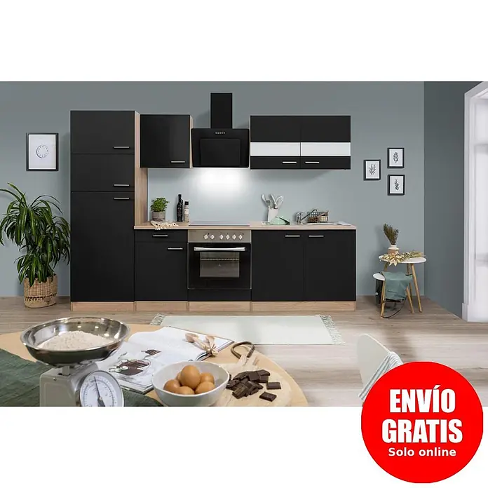 Respekta Cocina compacta Merle - Ancho: 270 cm, Negro, Con electrodomésticos - Cocina negra con detalles de madera clara, armarios altos, bajos, de pared, horno y campana extractora.