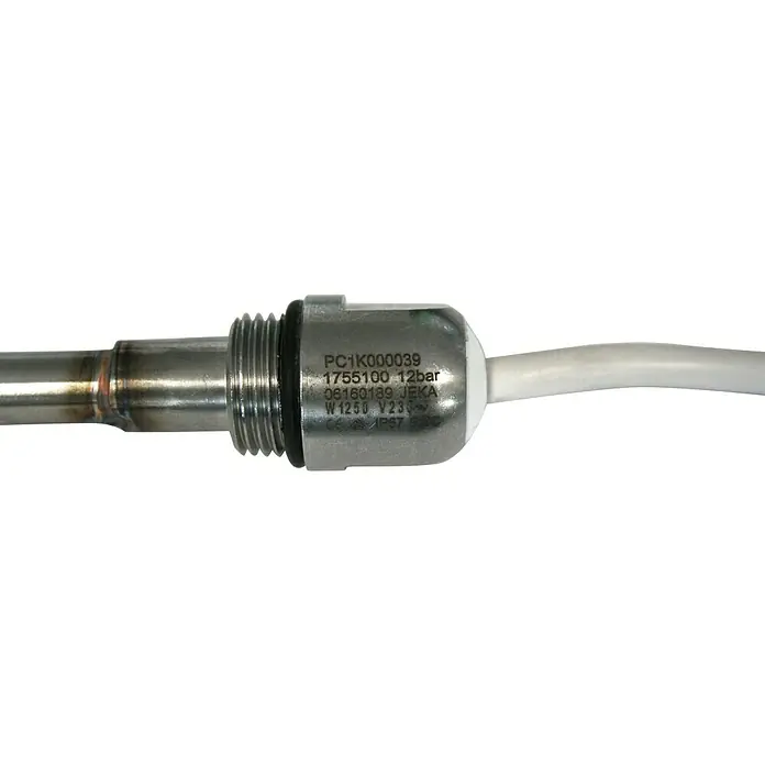 Szagato Heizstab - 1.200 W, Edelstahl - Nahaufnahme eines Drucksensors mit Gewinde, der mit einem Kabel verbunden ist, zeigt die Modellnummer PC1K000039 und technische Spezifikationen.