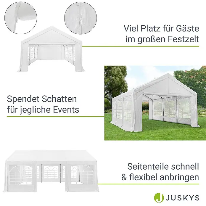 Juskys Partyzelt Gala - B x T: 400 x 600 cm, Farbe Dach: Weiß - Geräumiges weißes Festzelt für Events, mit abnehmbaren Seitenwänden für Schatten und Komfort.