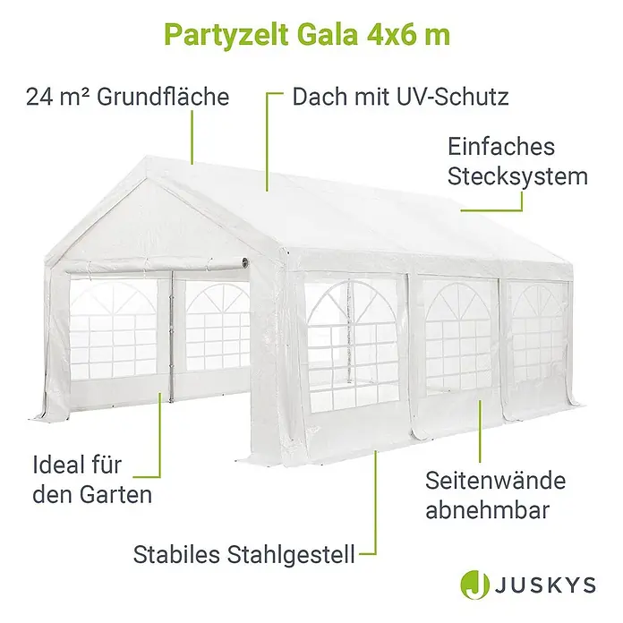 Juskys Partyzelt Gala - B x T: 400 x 600 cm, Farbe Dach: Weiß - Weißes Partyzelt 4x6m mit transparenten Fenstern, UV-Schutzdach und abnehmbaren Seitenwänden auf stabilem Stahlgestell.