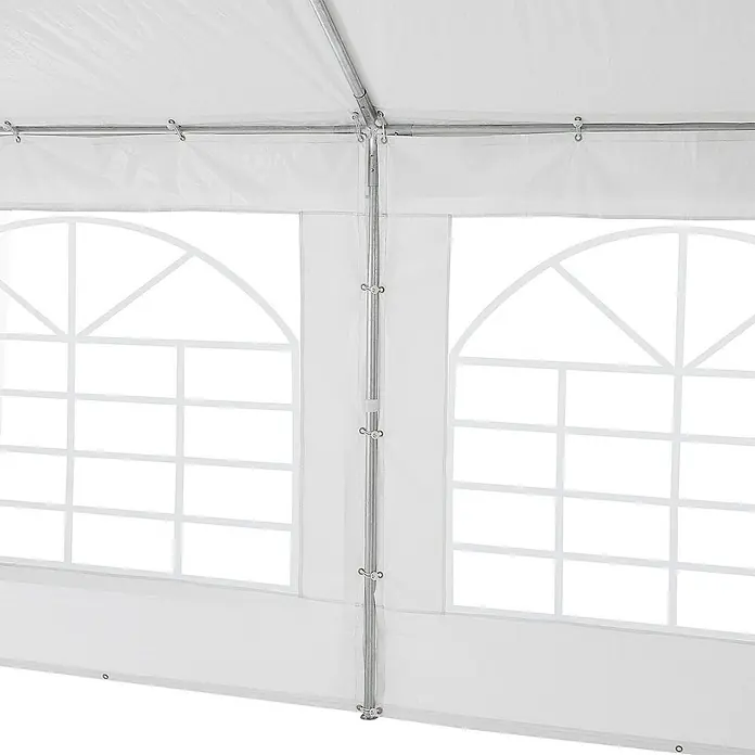 Juskys Partyzelt Gala - B x T: 400 x 600 cm, Farbe Dach: Weiß - Weiße Zeltwand mit klaren Rundbogenfenstern und einem inneren Metallrahmen.