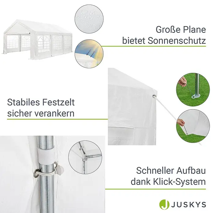 Juskys Partyzelt Gala - B x T: 400 x 600 cm, Farbe Dach: Weiß - Weißes Festzelt mit Sonnenschutz, sicherer Verankerung und schnellem Klick-System Aufbau.