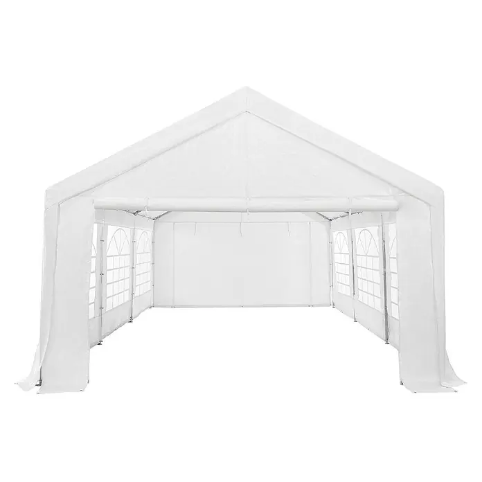 Juskys Partyzelt Gala - B x T: 400 x 600 cm, Farbe Dach: Weiß - Weißes Partyzelt mit Spitzdach und Seitenwänden mit Fensterpaneelen.