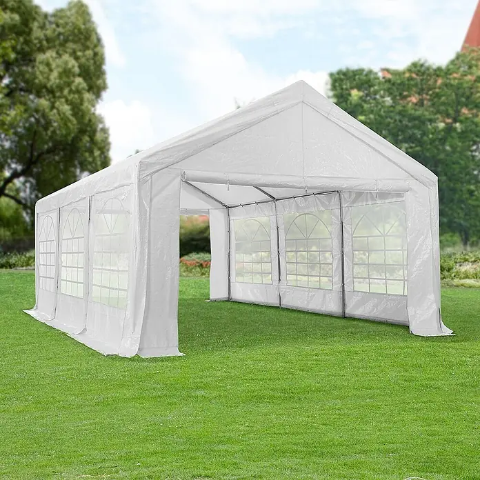 Juskys Partyzelt Gala - B x T: 400 x 600 cm, Farbe Dach: Weiß - Ein großes weißes Partyzelt für draußen mit Rundbogenfenstern an den Seiten.