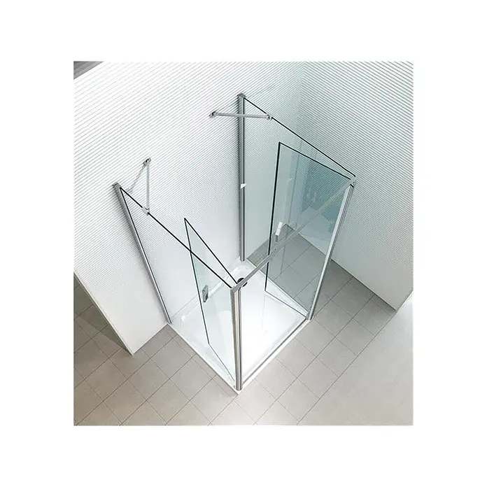 Glaszentrum Hagen U-Duschkabine 100x100x100x195cm Mille U-Duschkabine - Imprägniert, Farblos - Eckduschkabine aus Glas mit Chromrahmen, offenen Paneelen und weißer Duschwanne im Badezimmer.