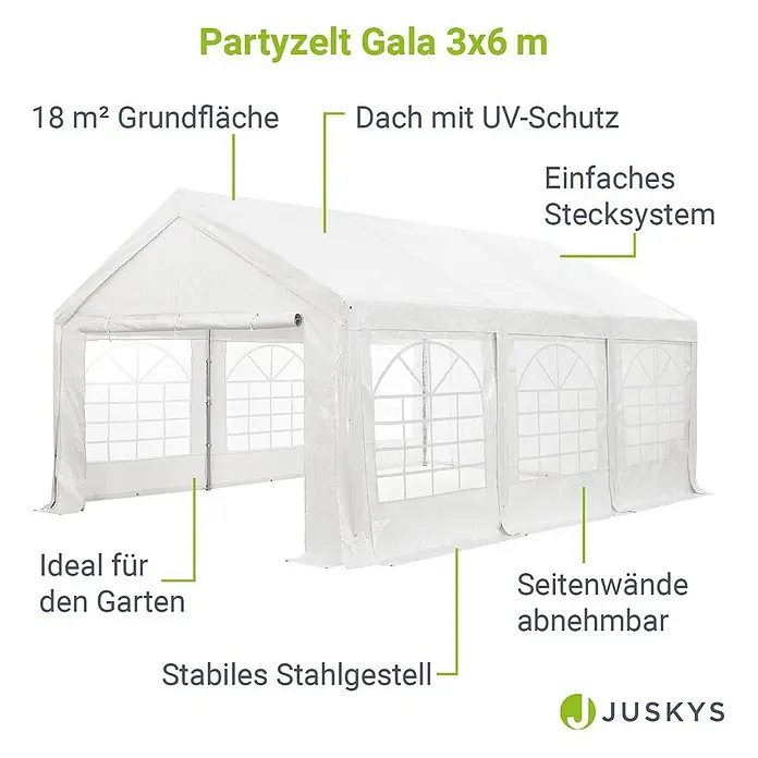 Juskys Partyzelt Gala - B x T: 300 x 600 cm, Farbe Dach: Weiß - Weißes Partyzelt 3x6 m mit stabilem Stahlgestell, UV-Schutzdach und abnehmbaren Seitenwänden, ideal für den Garten.