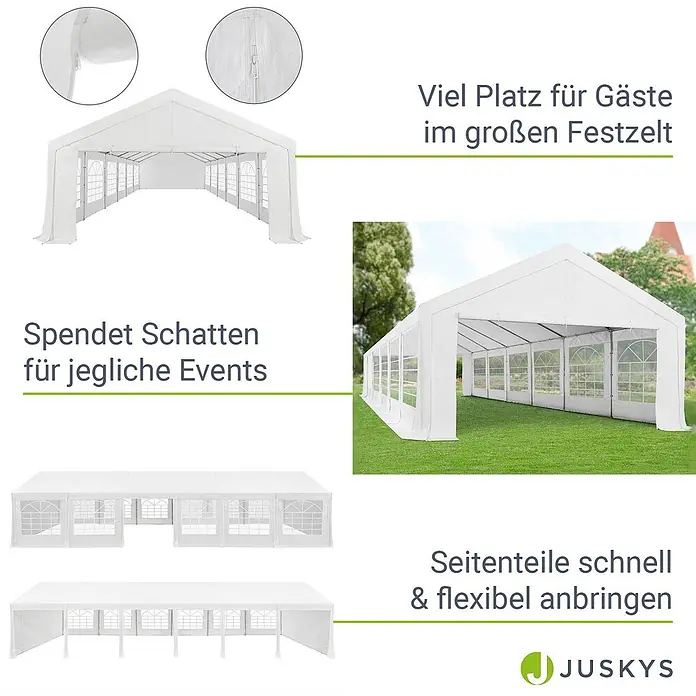 Juskys Partyzelt Gala - B x T: 600 x 1.200 cm, Farbe Dach: Weiß - Geräumiges weißes Festzelt mit flexiblen Seitenwänden, ideal für Outdoor-Veranstaltungen.