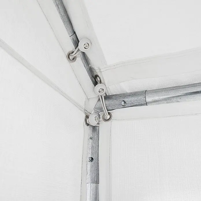 Juskys Partyzelt Gala - B x T: 300 x 600 cm, Farbe Dach: Weiß - Weißes Zeltvordach, mit Kugelspannern und Ösen an Metallrahmen befestigt.