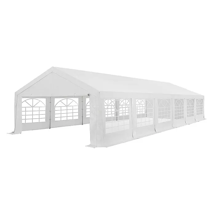 Juskys Partyzelt Gala - B x T: 600 x 1.200 cm, Farbe Dach: Weiß - Weißes Partyzelt mit Rundbogenfenstern und spitzem Dach, ideal für Outdoor-Veranstaltungen.