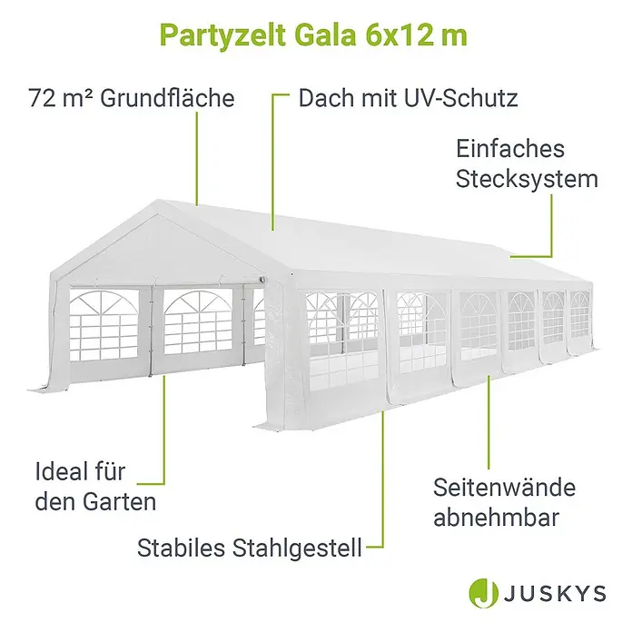 Juskys Partyzelt Gala - B x T: 600 x 1.200 cm, Farbe Dach: Weiß - Weißes 6x12m Partyzelt mit UV-Schutzdach, stabilem Stahlgestell und abnehmbaren Seitenwänden, ideal für den Garten.