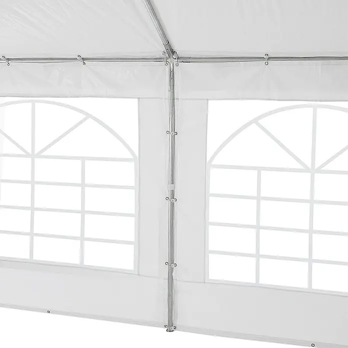 Juskys Partyzelt Gala - B x T: 300 x 600 cm, Farbe Dach: Weiß - Innenansicht eines weißen Zeltes mit klaren, gewölbten Fenstern im Gittermuster und Metallrahmen.